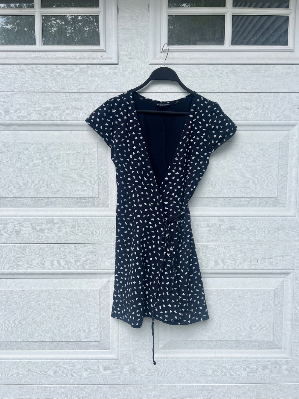 Brandy Melville Navy Mini Wrap Stretch Dress with White Floral Print